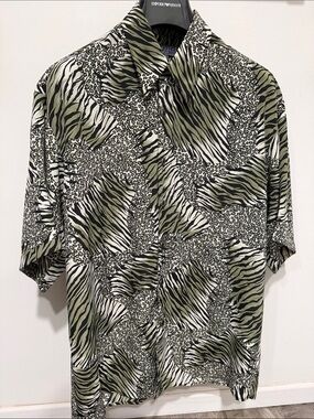 Vintage 90s Olive, Black & White Mixed Animal-Print Short Sleeve Shirt